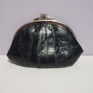 Eel Skin Black Double Snap Closure Women's Coin Purse Clutch Wallet  Korea